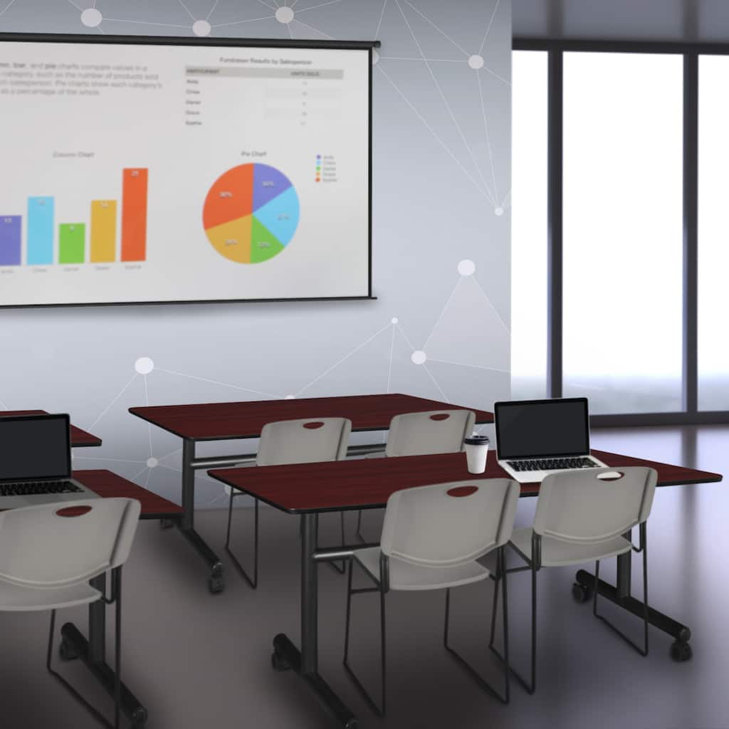 60" Flip Top Mobile Training Table- Mahogany & 2 Stack Chairs- Grey