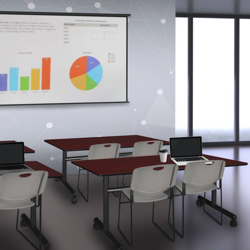 60" x 30" Flip Top Mobile Training Table- Mahogany and 2 Stack Chairs- Grey