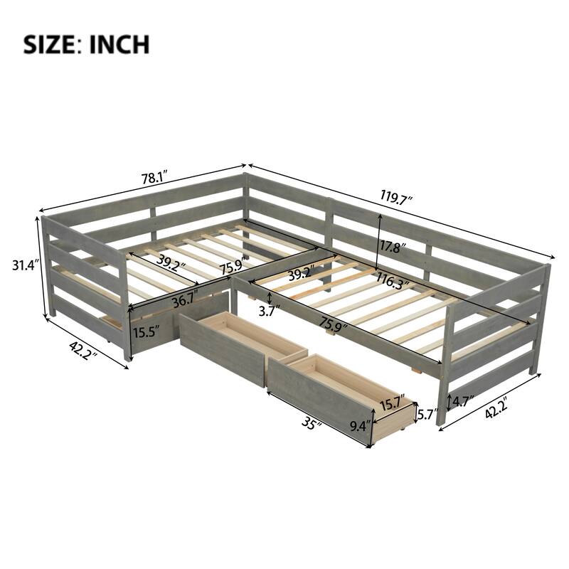Twin Size L-shaped Platform Bed with Three Storage Drawers, Natural
