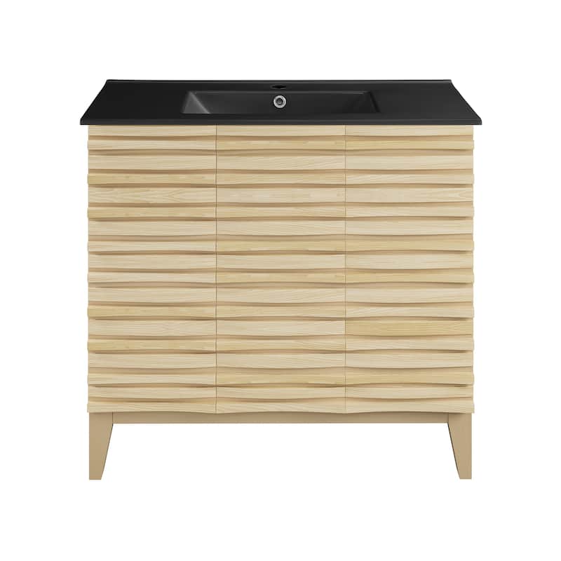 Cascade 36 In. Natural Oak Bathroom Vanity With Black Ceramic Sink Top
