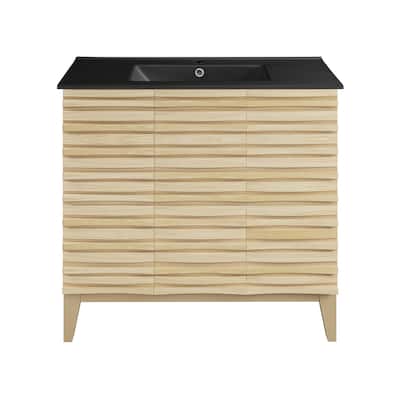 Cascade 36 In. Natural Oak Bathroom Vanity With Black Ceramic Sink Top