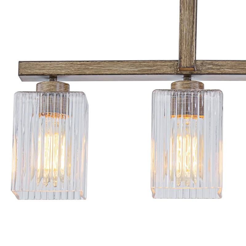 4-Light Faux Wood Linear Island Chandelier with Ribbed Glass Shades - Dia.30.51-in