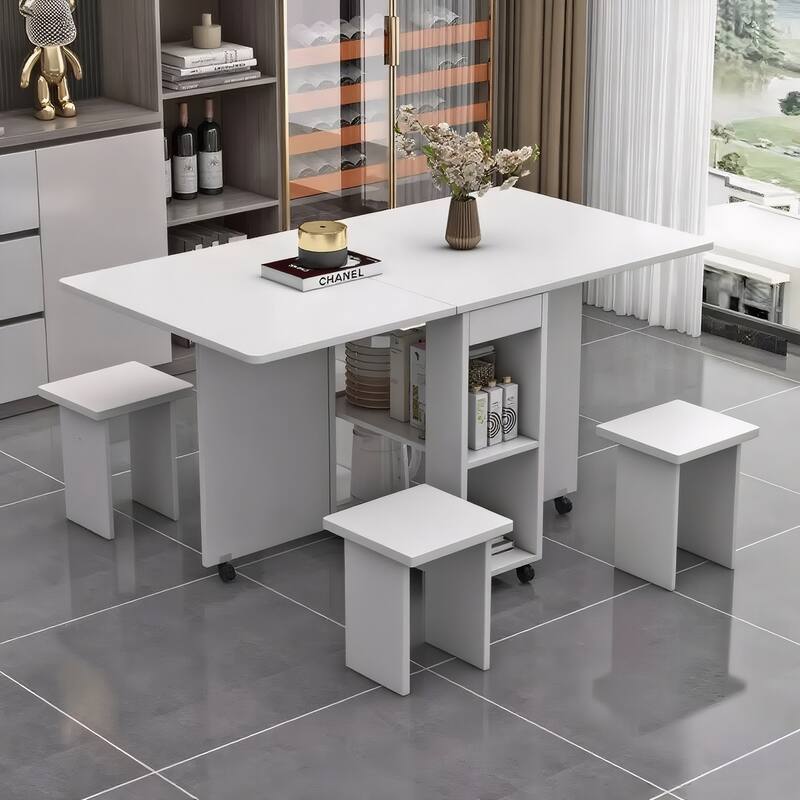 4-Person Drop-Leaf Dining Set‌ – Foldable Table + 4 Chairs, 47.2" x 23.6" x 30.3", White with Storage & 6 Wheels