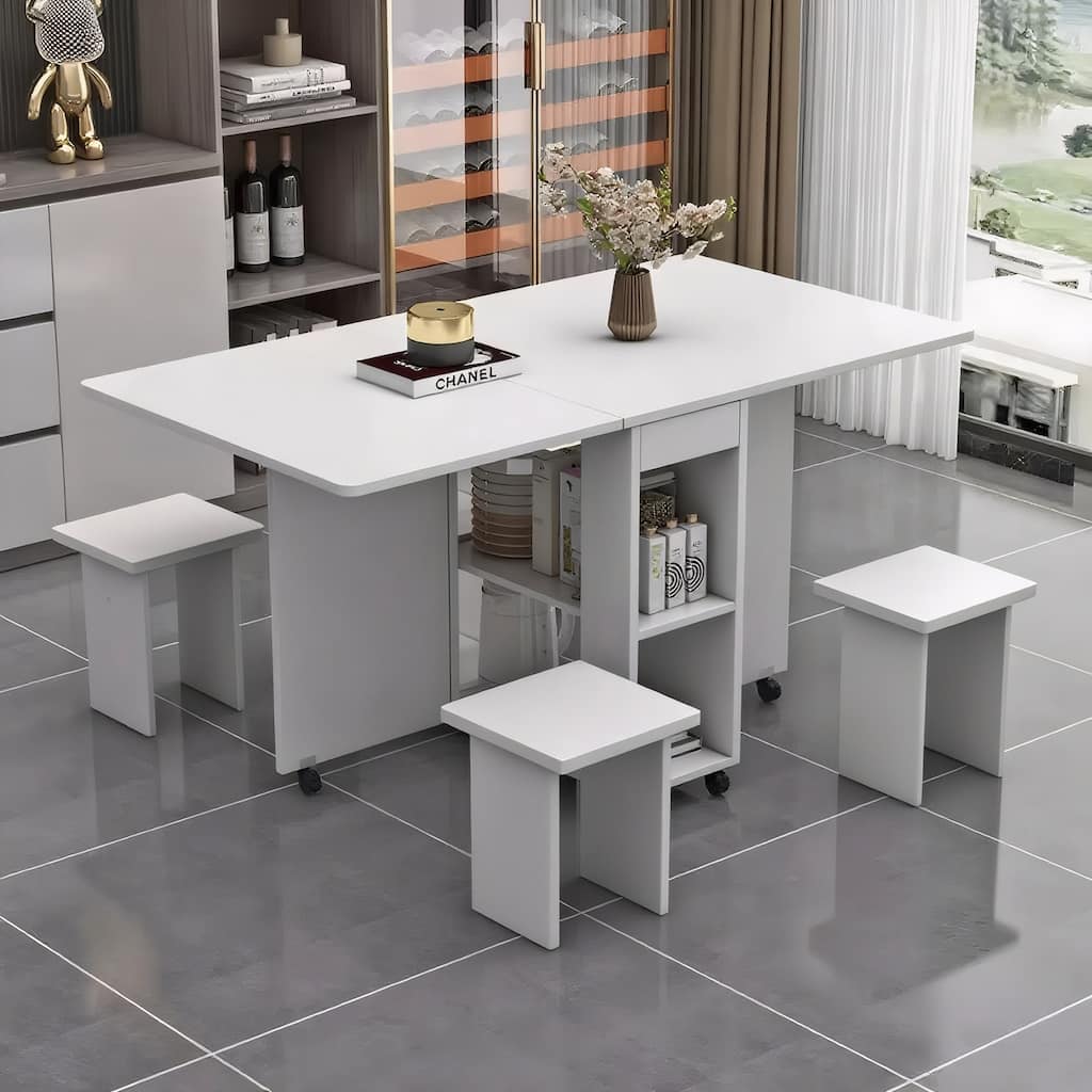 Folding Drop Leaf Dining Table Set for 4 with 4 Chairs, Space Saving Foldable Dining Table with Storage and 6 Wheels