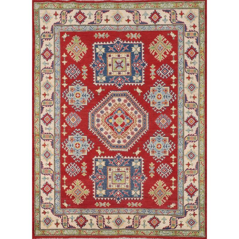 Traditional Red Kazak Oriental Area Rug Hand-Knotted Wool Carpet - 5'1" x 6'9"