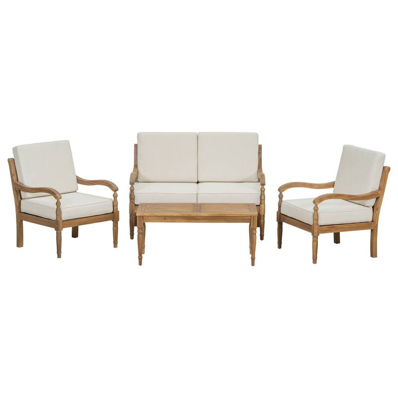 Roomfitters 4 Piece Outdoor Sofa Set Acacia Wood Deep Seating Patio Furniture, Natural Beige - Beige+Natural