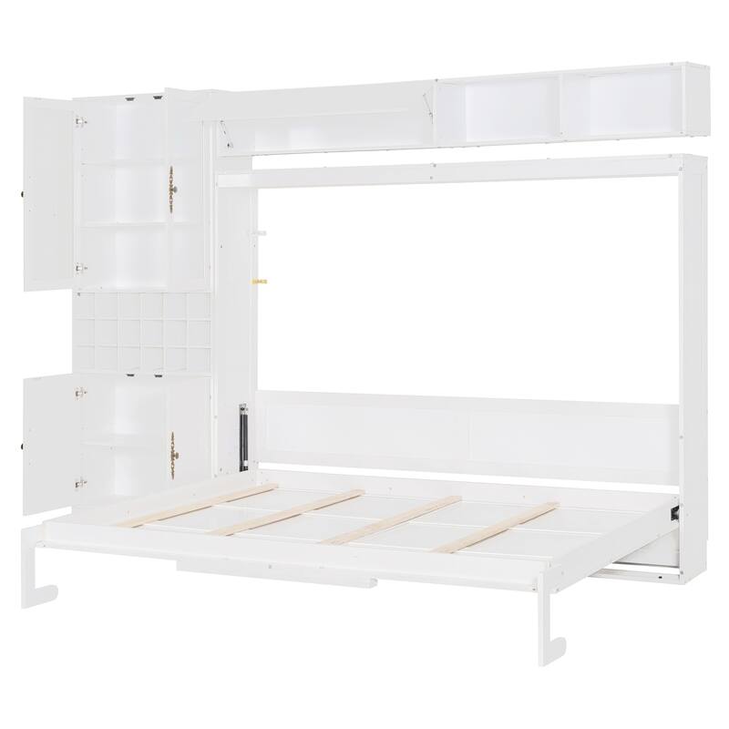Queen Size Wall Bed with Sofa, Shelves, USB & Light, Space-Saving Design, Easy Storage, White