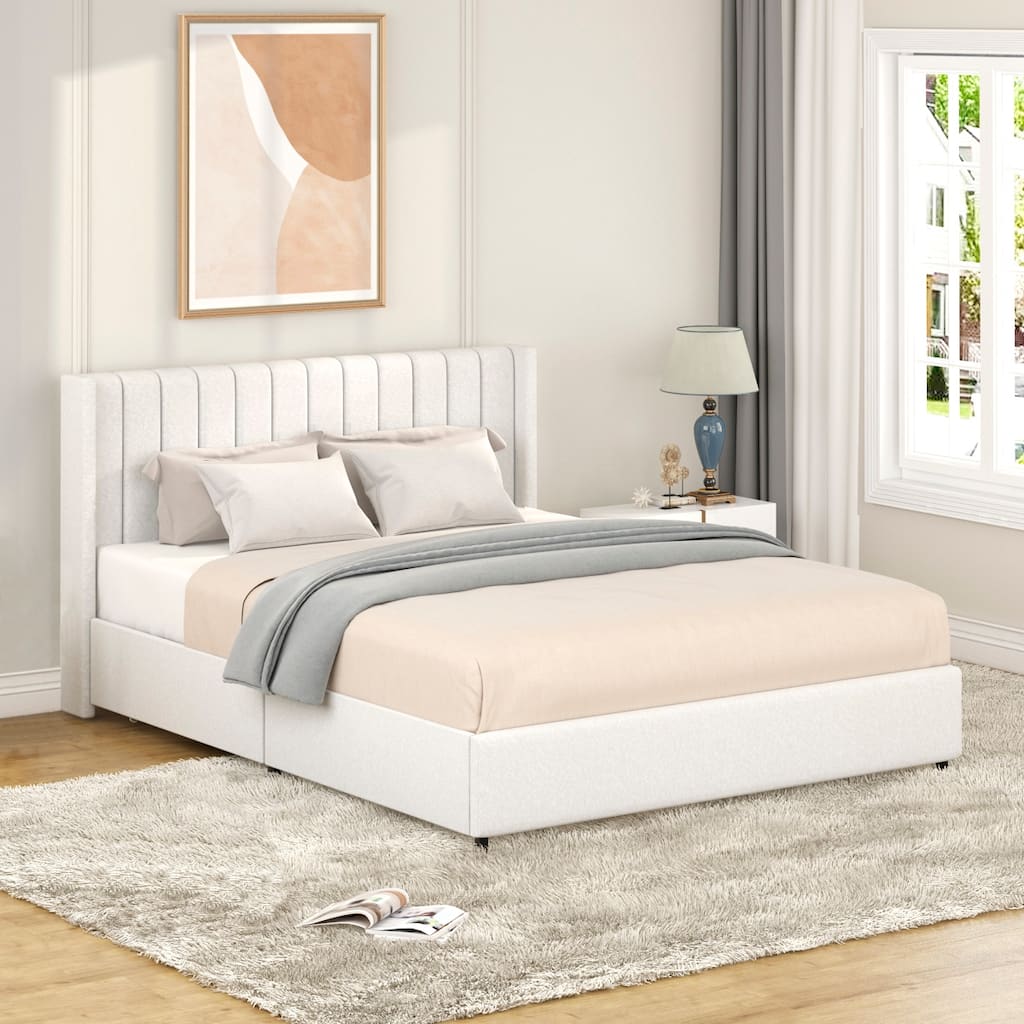 Ivory Boucle Upholstered Platform Bed with Patented 4 Drawers Storage, Tufted Headboard,Queen