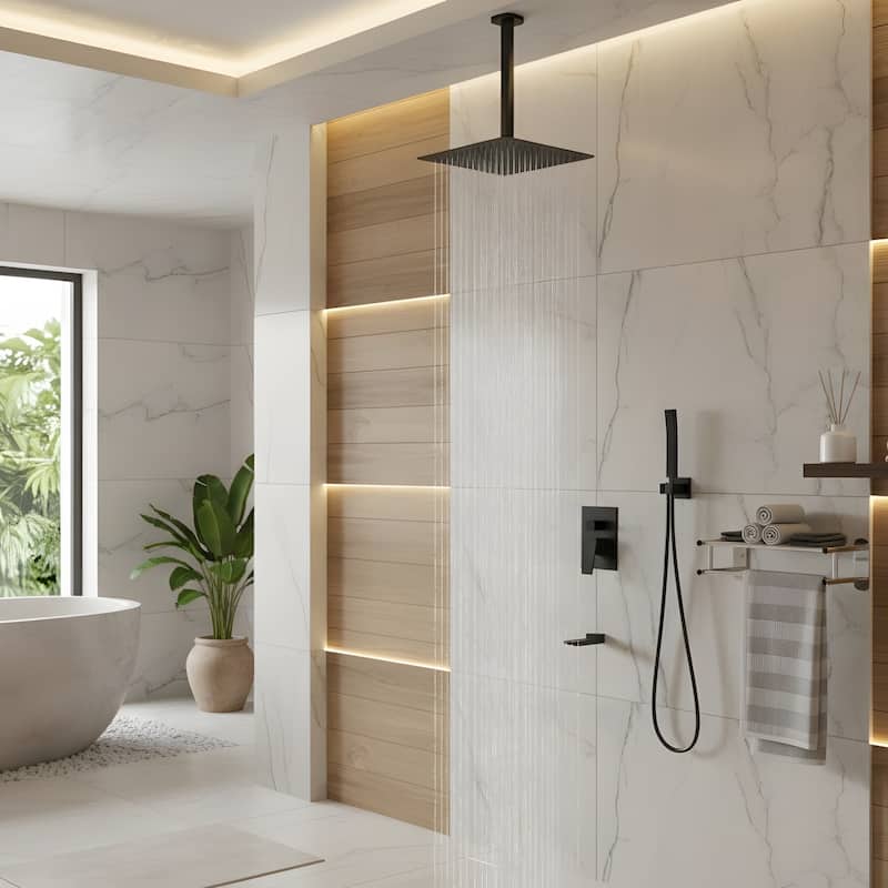 Ceiling Mount Shower with Waterfall Tub Spout and Hand Shower
