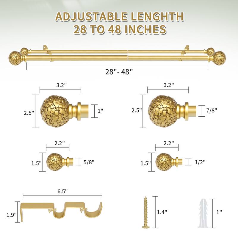 Meriville 1" Diameter Double Window Curtain Rod, 28" to 48", Fuso Finial