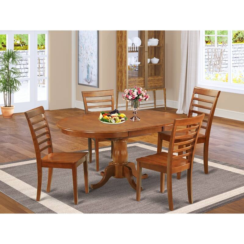 Modern Dining Set 5 Piece Oval Table & Chairs - Saddle Brown Wood Dining Room Furniture