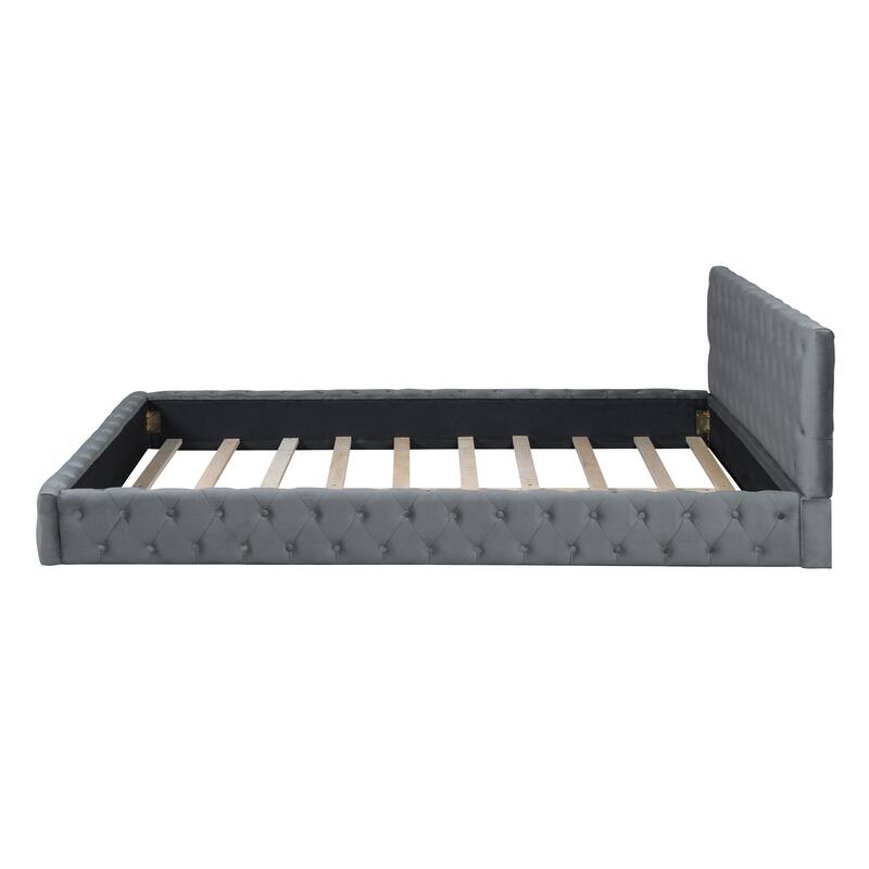 HomeRoots Gray Tufted Velvet Upholstered Queen Bed Frame
