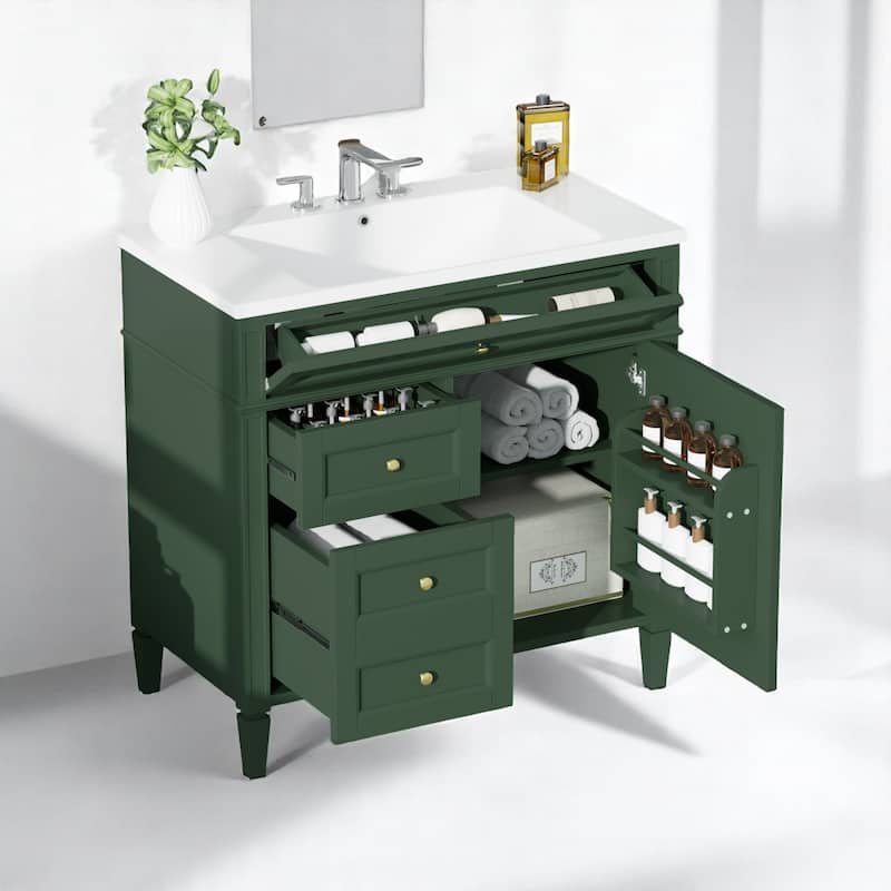 36 Inch Bathroom Vanity with Top Sink, Tip-Out Drawer, Soft Close Doors, Freestanding Cabinet for Storage