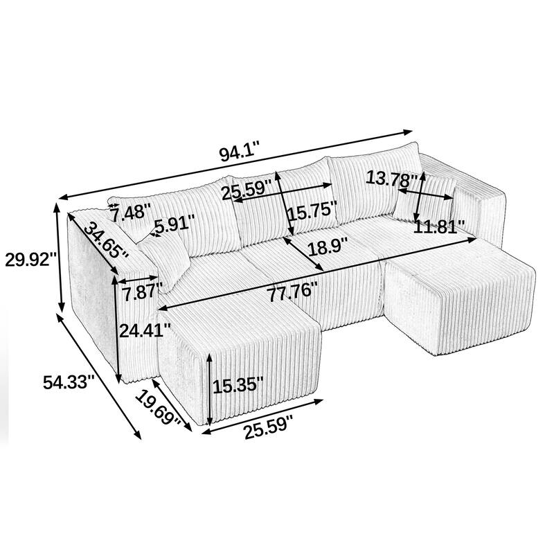 Compact Modular Sectional Sofa, Compressed Corduroy Cloud Couch, No Assembly Space Saving Sofa for Apartment