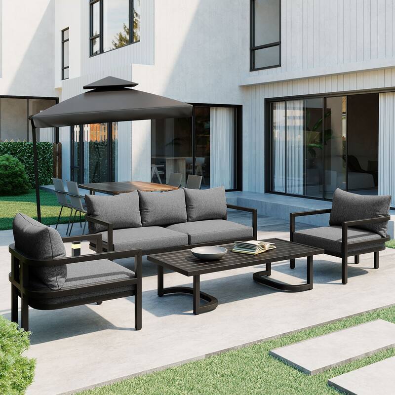 4-Piece Outdoor Steel Sofa Set for 4, Waterproof, Anti-Rust & UV-Resistant. - old Grey