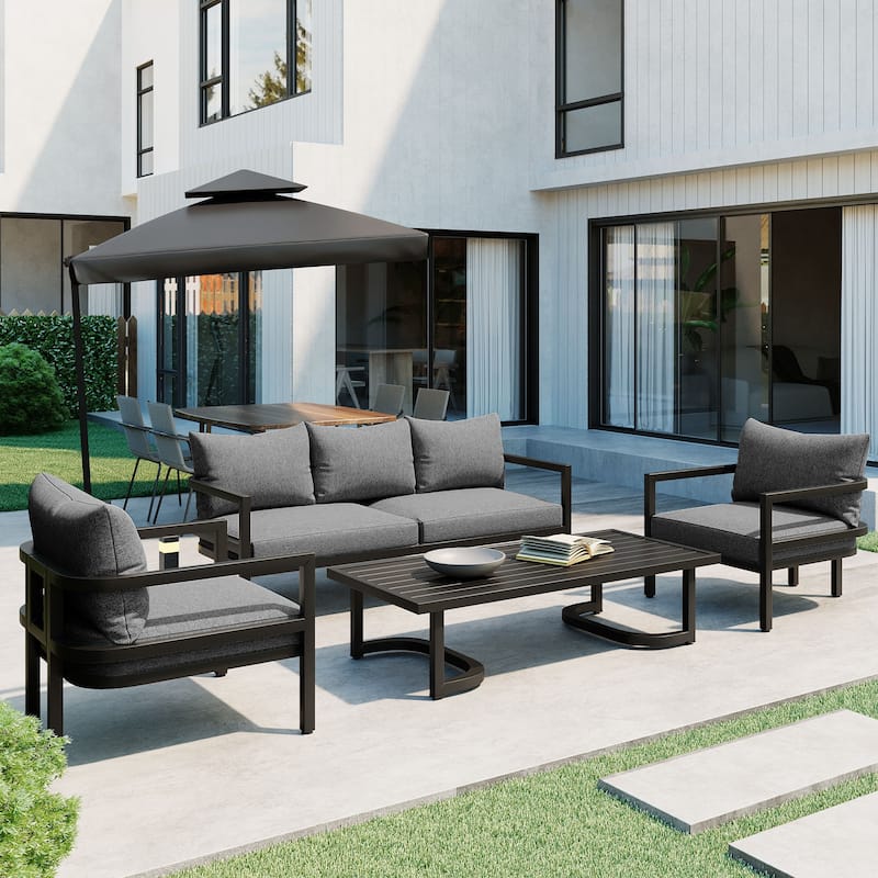 All Weather Steel Outdoor Furniture Set, 4 Seats Patio Conversation Sofa Sets with Coffee Table and Removable Cushions