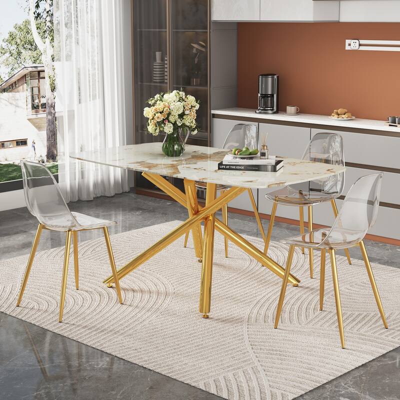 Modern Dining Table Set for 4-6, 63" Marble-Patterned Tempered Glass Table with Plastic Chairs, Compact Modern Kitchen Table Set