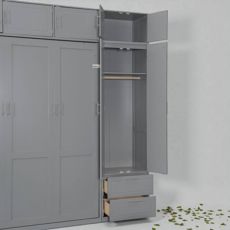 Queen Murphy Wall Bed with Top Cabinets, Shelves & Wardrobe, Space-Saving Foldable Bed with Storage