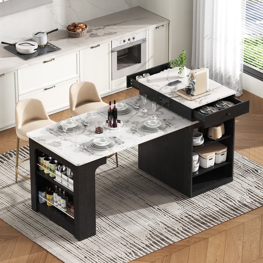 Kitchen Island with Extendable Dining Table, Kitchen Storage Table with 2 Drawers, Power Outlet, Open Shelves, for Diningroom