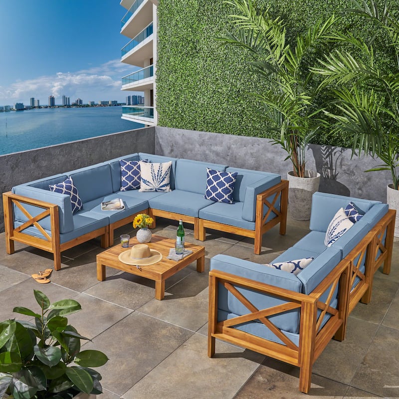 Brava 9-piece Acacia Wood Sectional Sofa Set by Christopher Knight Home - teak finish + blue cushion