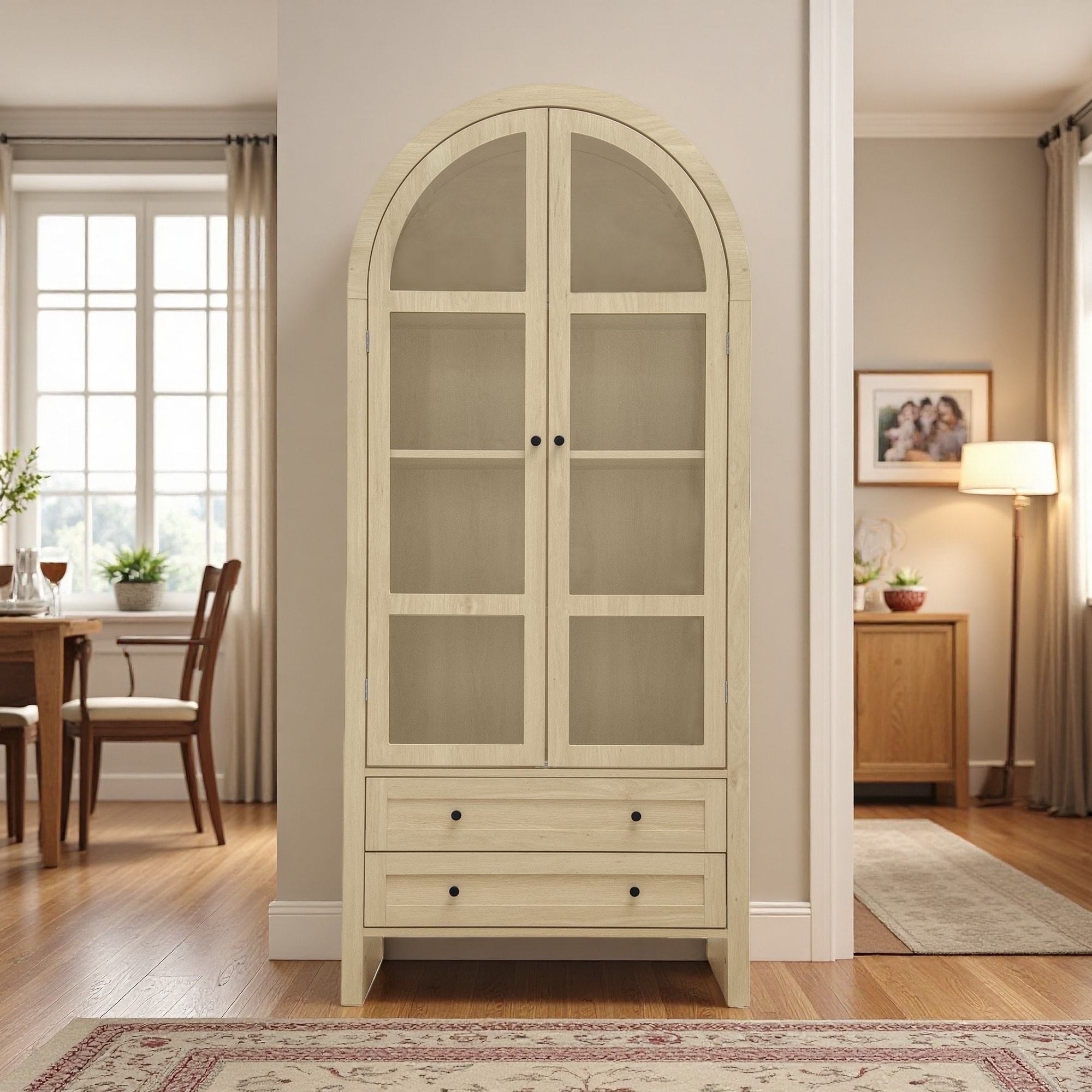 70.28"H Arched Kitchen Pantry, Wood Storage, Adjustable Shelves, Acrylic Doors, 2 Drawers