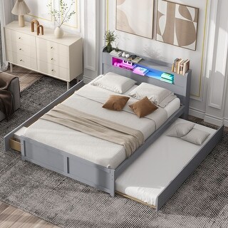 Queen Size Storage Bed Wood Platform Bed Frame with LED Light Headboard, 2 Pull-out Drawers and Twin Size Trundle, Gray