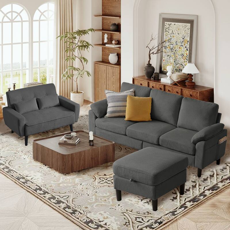3 Piece Corduroy Living Room Sets including Sofa,Storage Ottoman and Loveseat