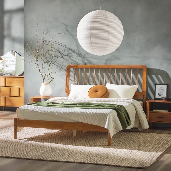Transitional Queen Bed with Spindle Design, Solid Pine Wood