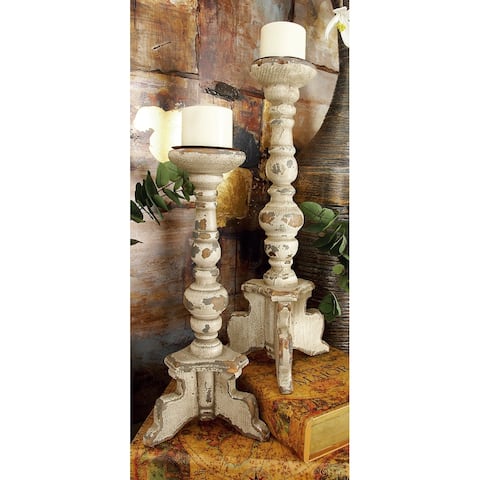 Distressed White Wood Traditional Vintage Candle Holders (Set of 2) - 8 x 20, 8 x 17