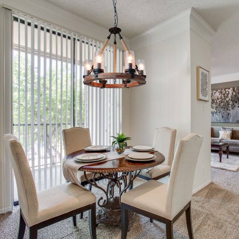 Anmytek Modern Farmhouse 6-Light Round Wood Chandelier Wagon Wheel Pendant Lights With Seeded Glass