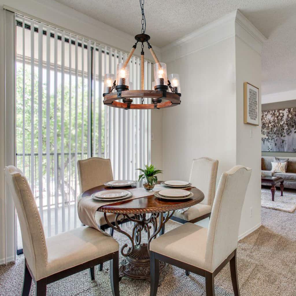 Anmytek Modern Farmhouse 6-Light Round Wood Chandelier Wagon Wheel Pendant Lights With Seeded Glass
