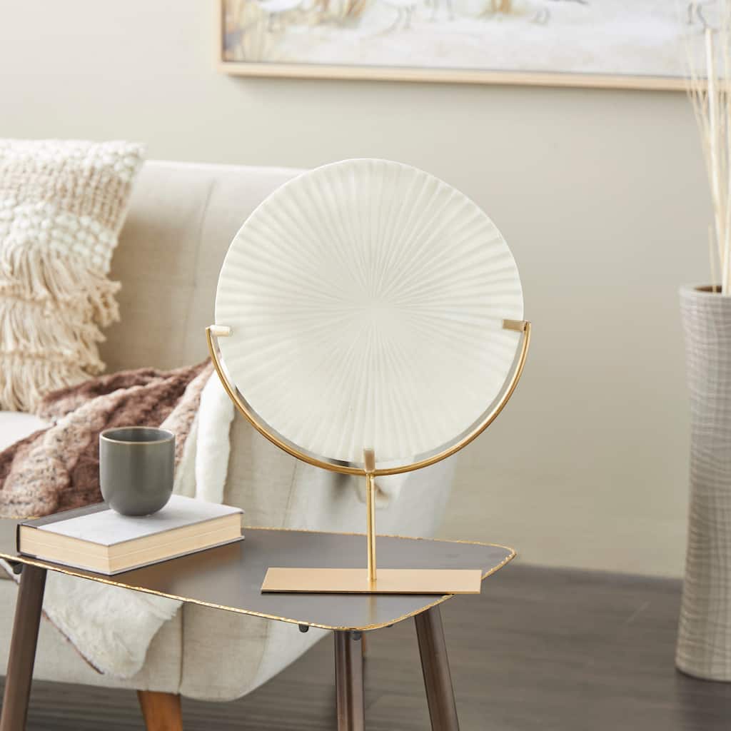 Cream Polystone Textured Circle Disk Geometric Decorative Sculpture with Gold Stand