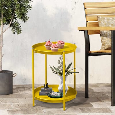 Outdoor Side Table, 2-Tier End Table Round Accent Table