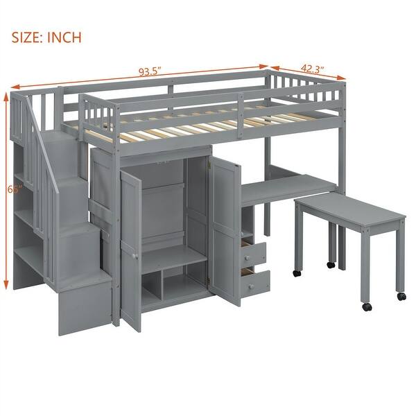 dimension image slide 3 of 6, Twin/Full Size Loft Bed with Storage Staircase, Wardrobe and Desk, Solid Wood Loft Bedframe with 2 Storage Drawers and Shelves