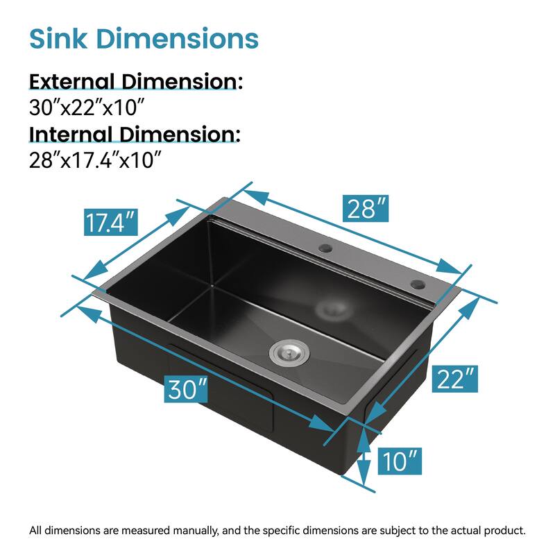 Stainless Steel Kitchen Sink, 30″x22″ Single Bowl, Overmount Handmade Sink in Black, with Cutting Board, Colander