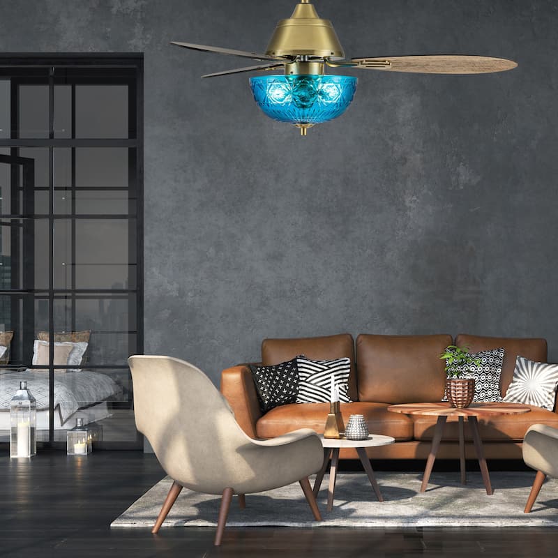 Maisie River of Goods 3-blade 42-inch Modern Indoor Ceiling Fan with Blue Hand-Cut Glass Globe Shade and Remote