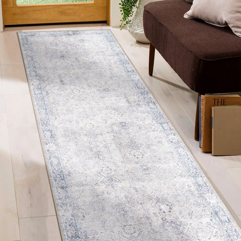 World Rug Gallery Transitional Bordered Vintage Machine Washable Non Slip Area Rug - 2' 6" x 7' - Blue - Runner