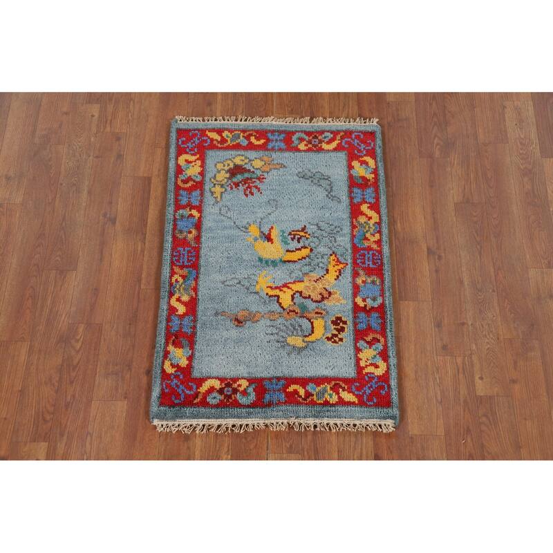 Hand Knotted Oriental 100% Wool Carpet Traditional Bordered Navy Blue & Blues Art Deco Area Rug - 3' 0'' X 2' 0''