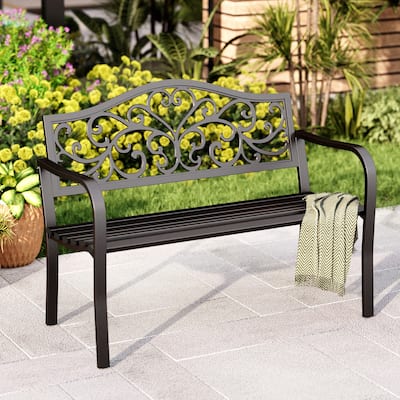 MAISON ARTS 43 Inch Cast Iron Steel Frame Outdoor Garden Bench