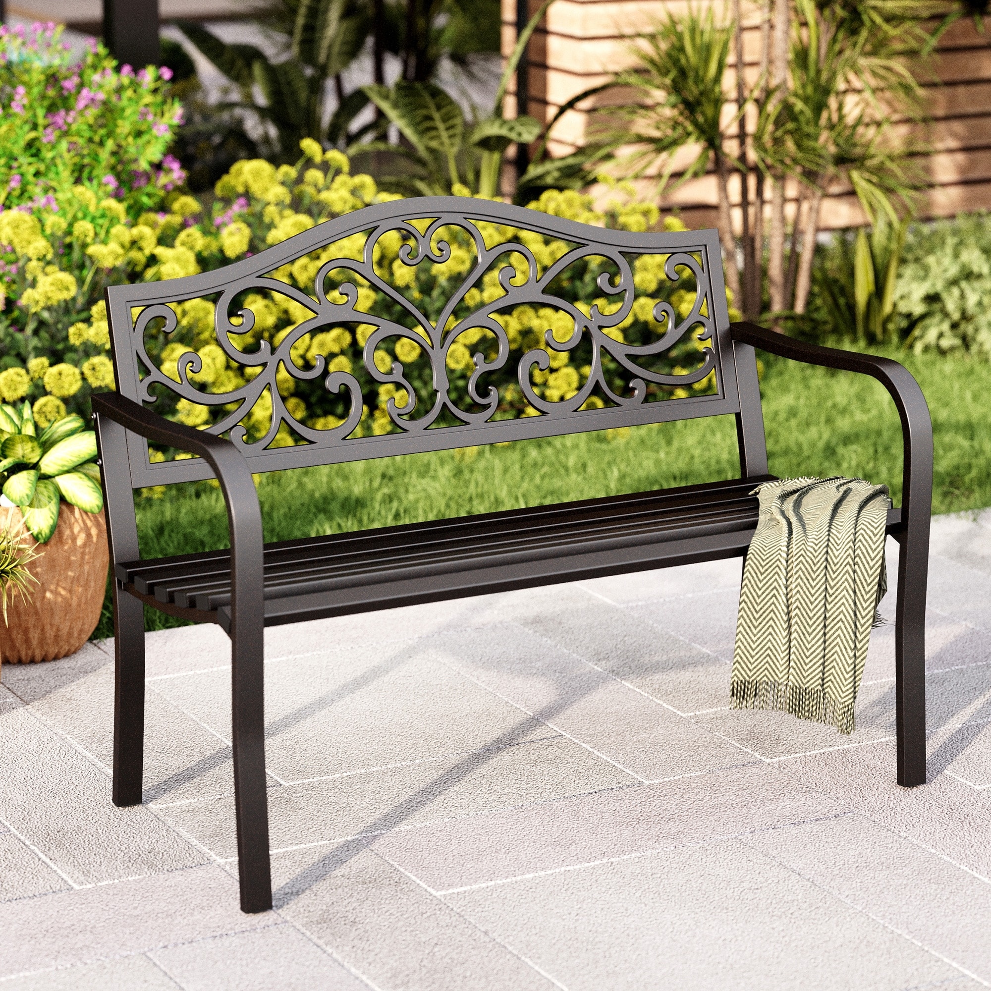 MAISON ARTS 43 Inch Cast Iron Steel Frame Outdoor Garden Bench