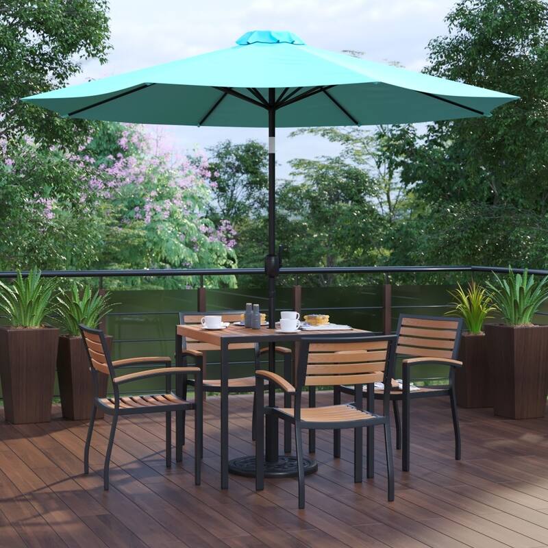 35" Square Faux Teak Patio Table, 4 Chairs and 9FT Patio Umbrella with Base - Teal