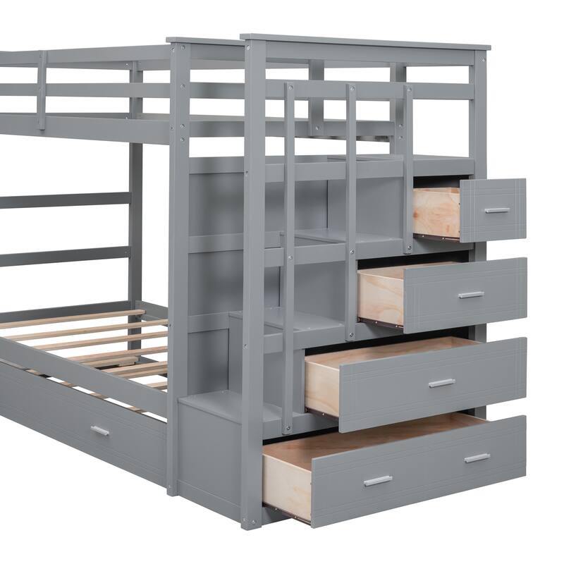 Twin Over Twin Bunk Bed with Trundle and Staircase, Gray
