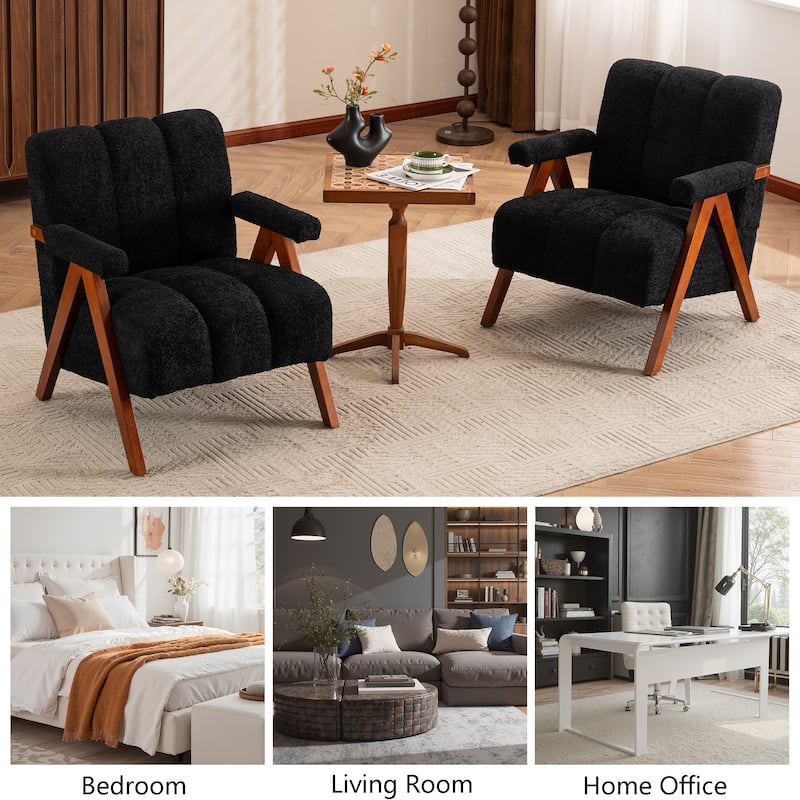 Mid Century Modern Accent Chair, Chenille Armchair with Solid Wood Legs, Channel Tufted Comfy Reading Chair for Living Room