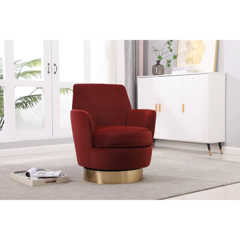 Red Velvet Modern 29.3" Upholstered Swivel Barrel Chair with Gold Stainless Steel Base