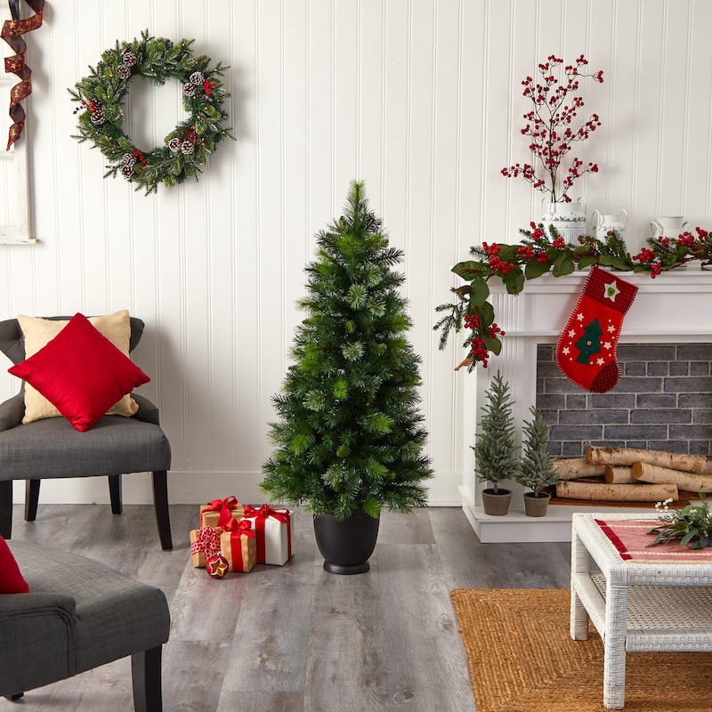 4.5Ft Artificial Christmas Tree with Lights - Pine Tree Decor with Planter & Bendable Branches - Green - 48