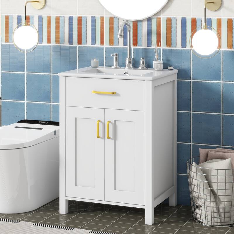 24" Bathroom Vanity Combo with Ceramic Sink, Bathroom Vanity Cabient with 2 Soft Close Doors, Adjustable Shelf and 1 Flip Drawer