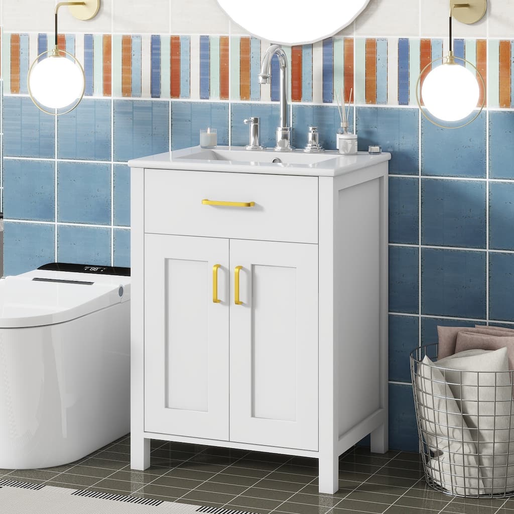 Bathroom Vanity Compact Freestanding Adjustable Cabinet with Door Storage Racks, Flip Down Drawer and Golden Handles