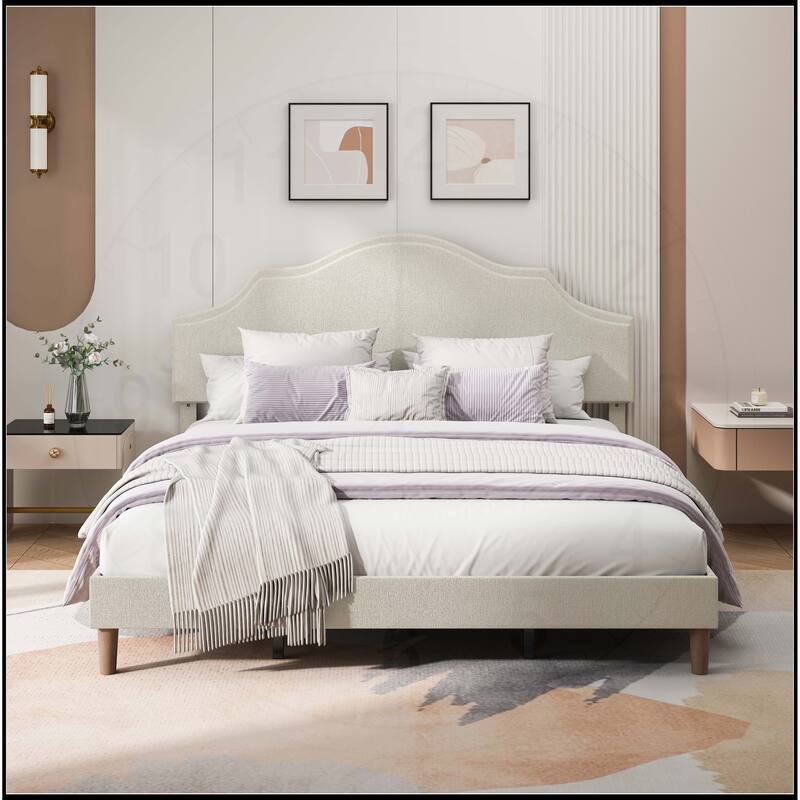 Linen Fabric Padded Platform Bed with Adjustable Headboard