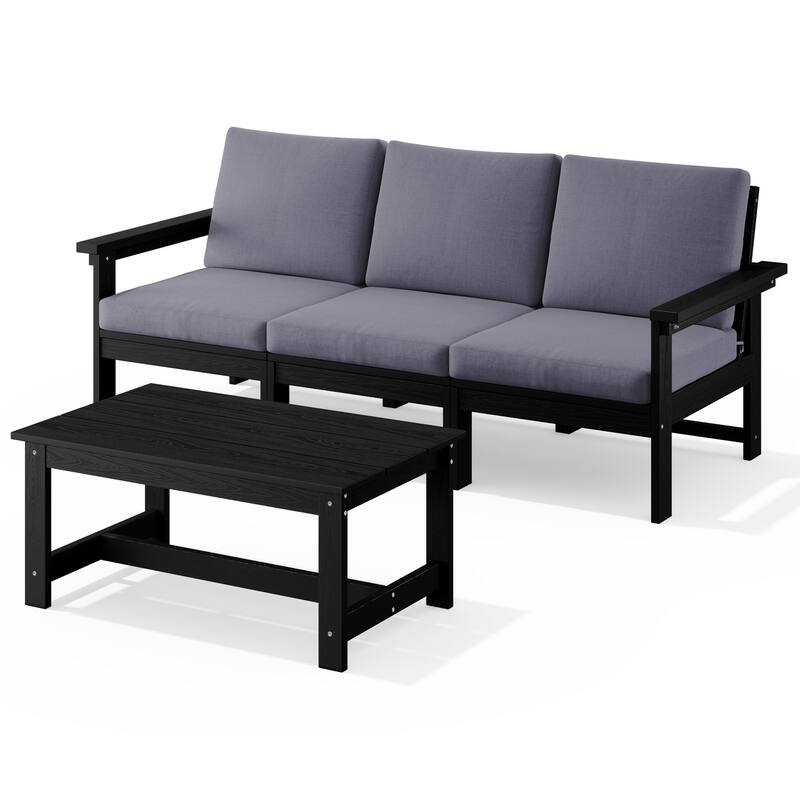 Outdoor Patio HDPE 3-Seat Sofa and Coffee Table Set, Removable Cushions Included - Black & Blue Gray