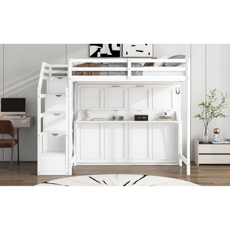 Full XL Loft Bed with Built-In Storage Staircase & Murphy Bed – Space-Saving Design with LED Lighting in White Finish